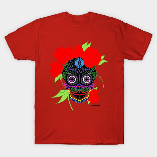 sugar skull in frida kahlo style ecopop pattern mandala T-Shirt by jorge_lebeau